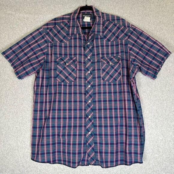 Wrangler Western Mens 2XT Pearl Snap Front Shirt Blue Red Plaid Short Sleeve - Picture 1 of 7